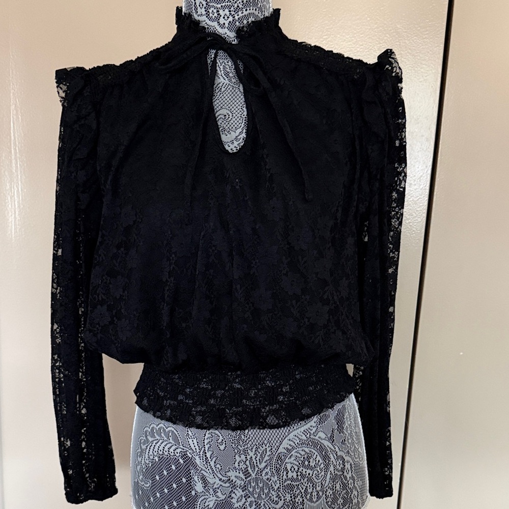 Black Lace Long-Sleeve Blouse - Elegant High Neck